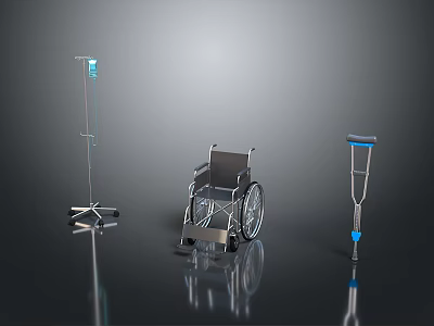 Metal Medical Assistive Devices Including IV Stand Wheelchair And Crutches 3d model