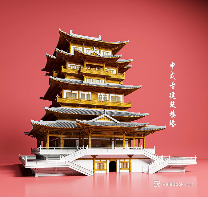 Ancient Chinese Architecture Pagoda With Multi Storey Design Golden Wood Grey Tiled Roof Ornate Eaves 3d model 