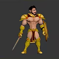 Muscular Man in Gold and Red Armor Holding Spear and Shield