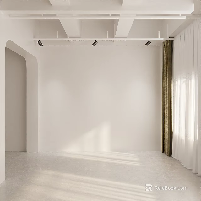 Minimalist Interior Space With Track Lighting And Curtains 3d model