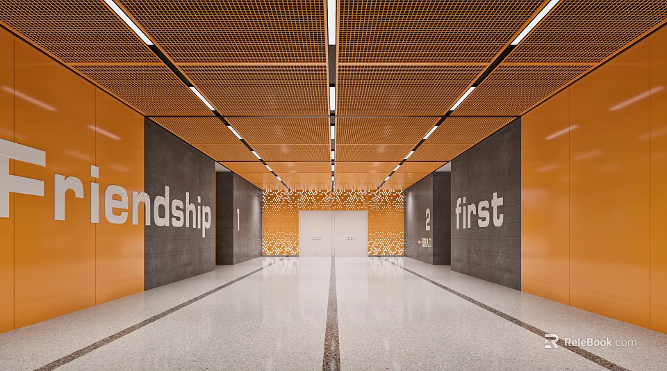 Modern Basketball Gym Interior With Orange Walls And Lighting 3d model 