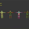 Four Yellow And Green Robot Characters With Black Details Standing Arms Extended Gray Background