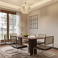 Modern Dining Room Interior With Wooden Table Leather Chairs And Large Windows