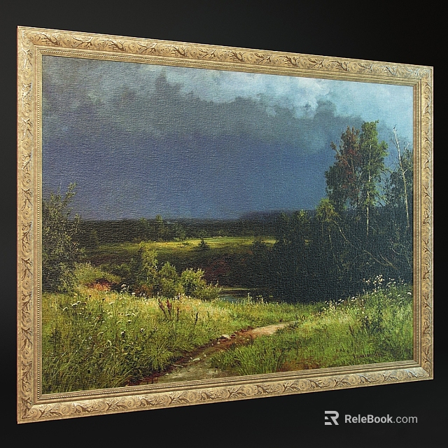 Vintage Framed Landscape Painting With Green Meadow Path And Trees 3d model 