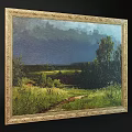 Vintage Framed Landscape Painting With Green Meadow Path And Trees