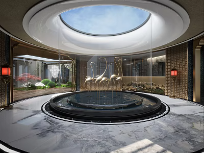 Luxurious Hotel Lobby With Circular Skylight Central Water Fountain And Golden Swan Sculptures 3d model