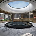 Luxurious Hotel Lobby With Circular Skylight Central Water Fountain And Golden Swan Sculptures