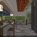Traditional Japanese Restaurant Interior with Wooden Bar Counter Dining Tables and Green Plants