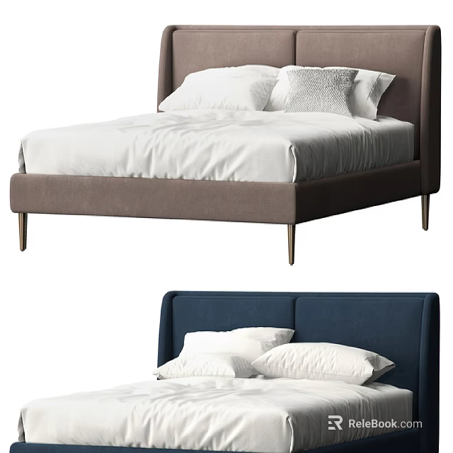 Modern Double Bed With Gray And Blue Headboard White Sheets And Pillows 3d model