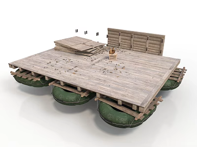 Wooden Floating Platform With Green Buoys Stacked Planks And Small Bucket 3d model