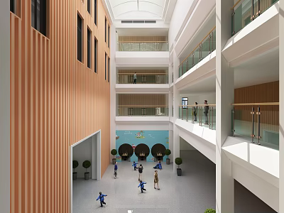 School Atrium Multi-level Space With Wooden Walls Green Plants Hanging Sign And Students Activity 3d model