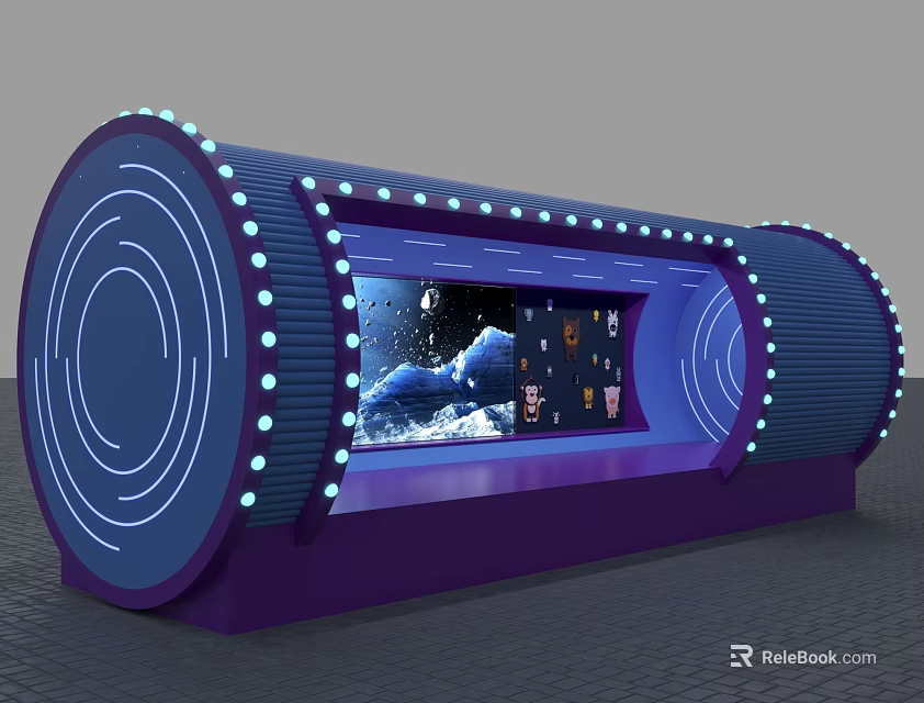 Commercial Display Equipment with Cylindrical Structure Blue Circular Lighting and Internal Display Screen Showing Products 3d model 