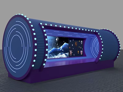 Commercial Display Equipment with Cylindrical Structure Blue Circular Lighting and Internal Display Screen Showing Products 3d model