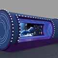 Commercial Display Equipment with Cylindrical Structure Blue Circular Lighting and Internal Display Screen Showing Products