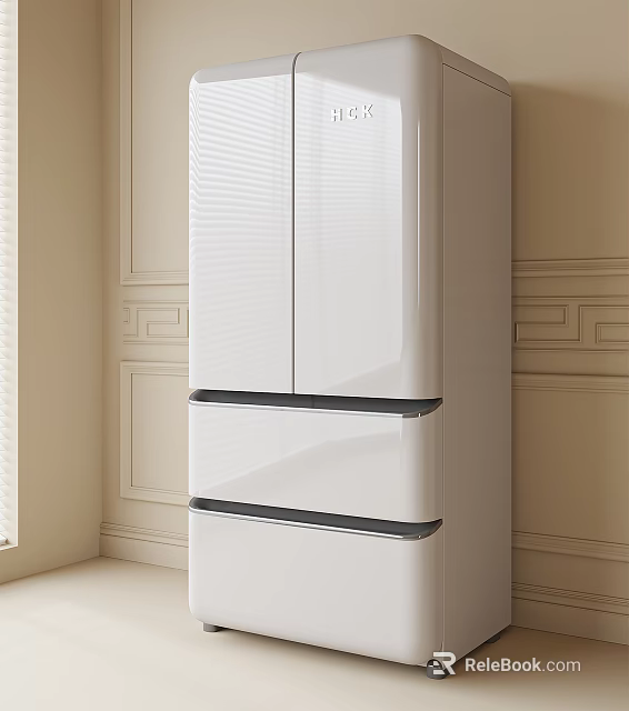 Modern White Three Door Refrigerator With Sleek Design In Living Room Interior 3d model 