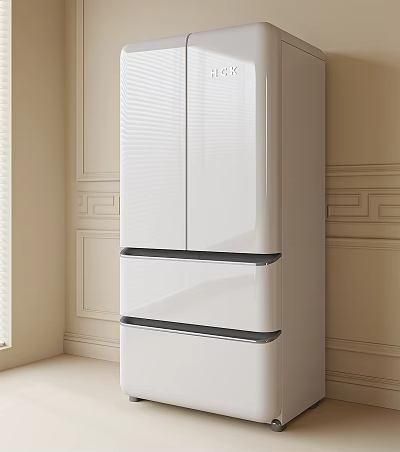 Modern White Three Door Refrigerator With Sleek Design In Living Room Interior 3d model