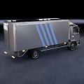 Gray Box Truck With Blue Stripes And Modern Body Design For Transport