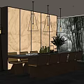 Elegant Modern Restaurant Interior With Marble Wall Pendant Lights Long Dining Table Chairs Green Plants