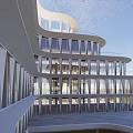 Modern Office Building With Glass Curtain Walls Green Surroundings Red Flag Cars And Pedestrians