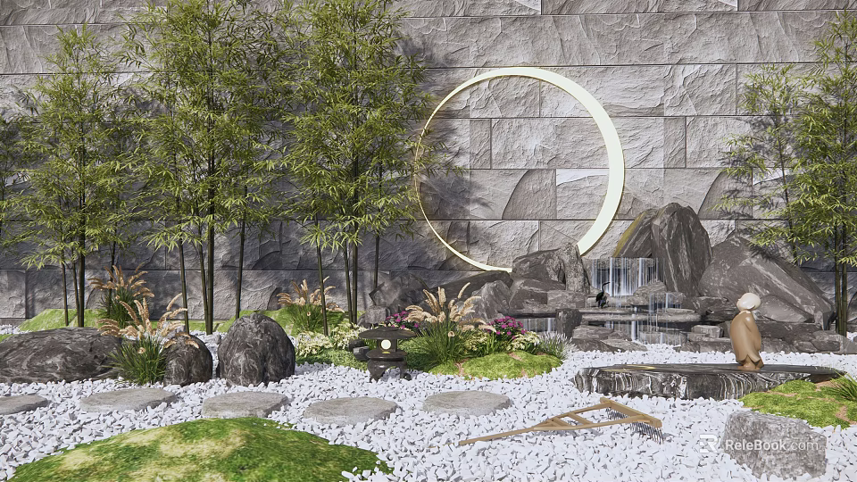 Courtyard Garden with Stone Wall Circular Ring Trees Rocks Pebble Ground Lawn and Waterfall 3d model 