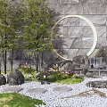 Courtyard Garden with Stone Wall Circular Ring Trees Rocks Pebble Ground Lawn and Waterfall