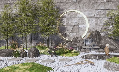 New Chinese style landscape sketch rockery waterscape courtyard landscape sketch stone withered mountain stone landscape bamboo flowers and plants 3d model