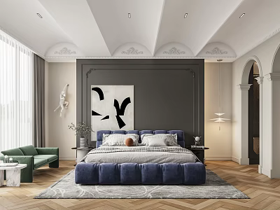 Modern Bedroom Interior With Dark Accent Wall Abstract Painting Blue Bed Frame And Arched Ceiling 3d model