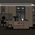 Elegant Modern Walk in Closet With Wooden Cabinets Hanging Clothes Dressing Table Mirror And Lighting