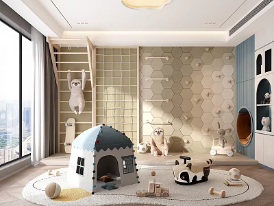 Cozy Playroom Interior With Hexagonal Wall Decor Ladder Stuffed Animals Play Tent And Building Blocks 3d model