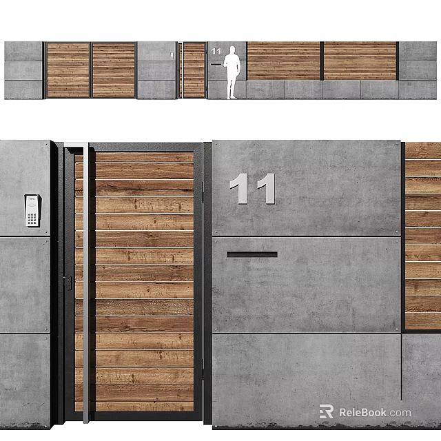 Modern Exterior Partition With Wooden Panels Concrete Finish Number 11 And Intercom 3d model 