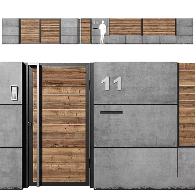 Modern Exterior Partition With Wooden Panels Concrete Finish Number 11 And Intercom 3d model