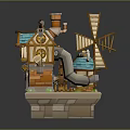 Detailed Fairy Tale Cottage Model With Windmill Blue Roof Wooden Structure Chimney And Staircase