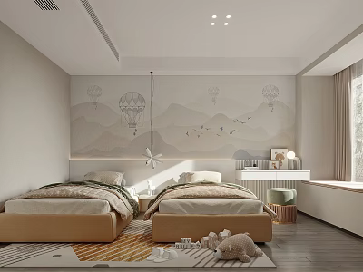 Playful Kids Room With Twin Beds Hot Air Balloon Mountain Wallpaper And Toys 3d model