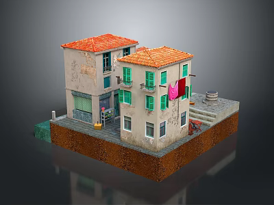 Miniature House Model With Red Roof Weathered Walls Green Shutters And Pink Clothes On Clothesline 3d model