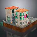Miniature House Model With Red Roof Weathered Walls Green Shutters And Pink Clothes On Clothesline