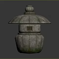 Traditional Japanese Stone Lantern Featuring Mossy Surface Umbrella Shaped Top And Square Window
