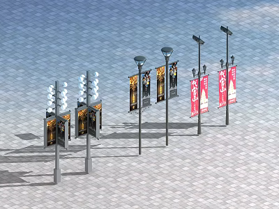 Outdoor Lights With Various Designs Featuring Billboards And Flags On Paved Ground 3d model