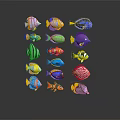 Colorful Fish with Various Colors and Shapes Arranged Creatively on Dark Background with Reflections