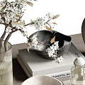 Stylish Decorative Ornament Combination With White Flower Branches Glass Vase And Sculptural Decor