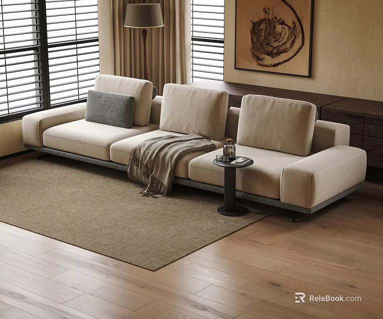 Modern L shaped Sectional Sofa With Neutral Tones Throw Pillow And Blanket In Living Room 3d model 