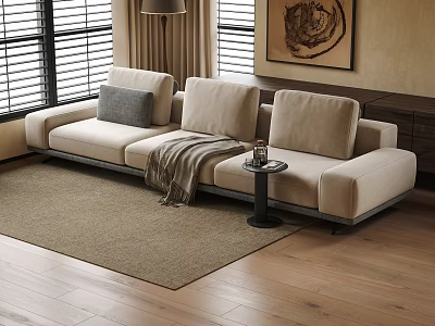 Modern L shaped Sectional Sofa With Neutral Tones Throw Pillow And Blanket In Living Room 3d model