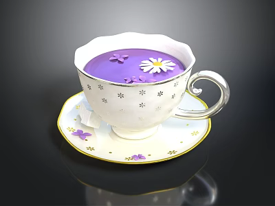 Decorative Teacup And Saucer With Purple Liquid White Daisy And Purple Flowers 3d model