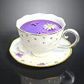 Decorative Teacup And Saucer With Purple Liquid White Daisy And Purple Flowers