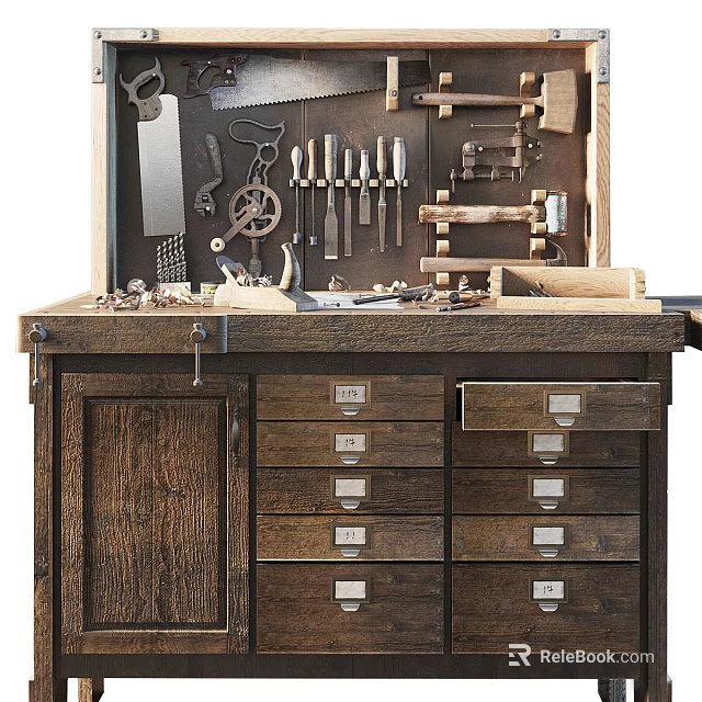 Vintage Wooden Workbench With Various Tools Saws Gears Drawers And Cabinets 3d model 