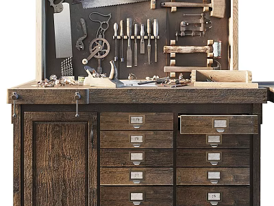 Vintage Wooden Workbench With Various Tools Saws Gears Drawers And Cabinets 3d model