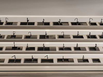Multiple Rows of Modern Kitchen Sinks with Faucets in Organized Design 3d model