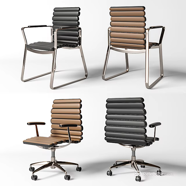 Modern Office Chair With Black Brown Leather Ergonomic Design Metal Frame Armrests 3d model 