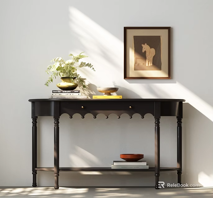 Black Console Table With Green Plant Yellow Vase Books And Horse Picture On White Wall 3d model 