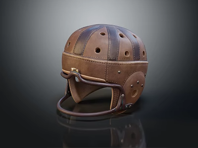Vintage Brown Leather Helmet With Perforated Holes And Straps Isolated On Dark Background 3d model