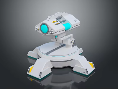 3D Model Of Futuristic Mechanical Device With White Body Blue Lens And Yellow Accents 3d model